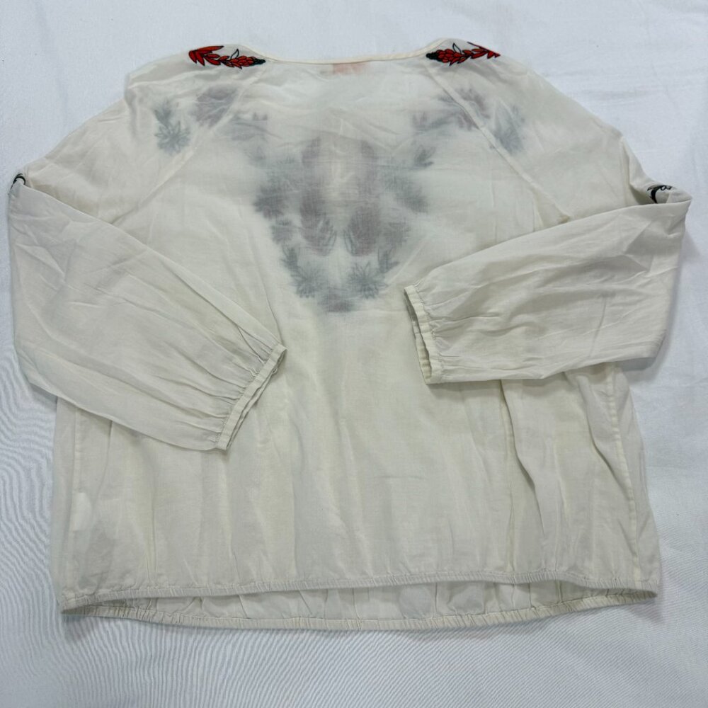 Tory Burch Embroidered Floral Tassel Tie Peasant Blouse Ivory Cotton Size 14 - Picture 3 of 8